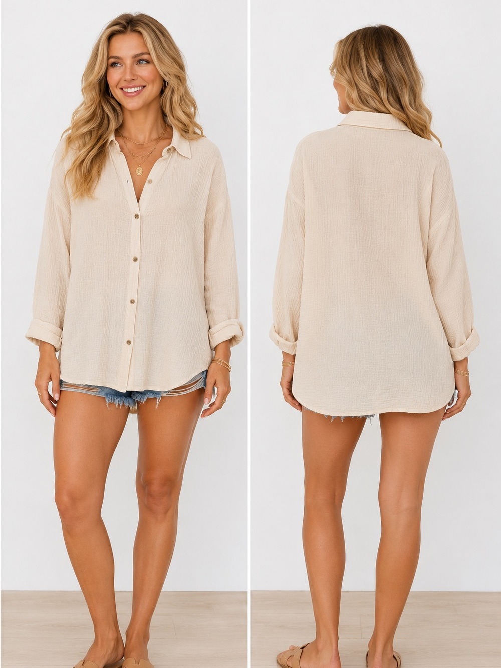 Cream Oversized Cotton Gauze Button Down Shirt - Picture 2 of 2